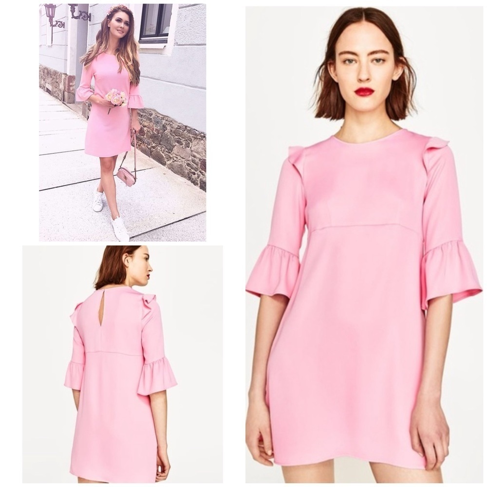 NWT Zara Bubble Gum Pink Ruffled Valentine’s Pink Mini Dress S​​​​